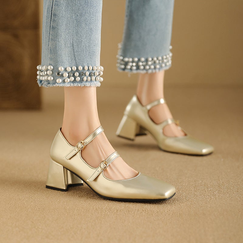 2024 Spring Fashion Square Head Women'S Shoes 32-48 Size Double-Breasted Thick High-Heeled Shoes - Image 1