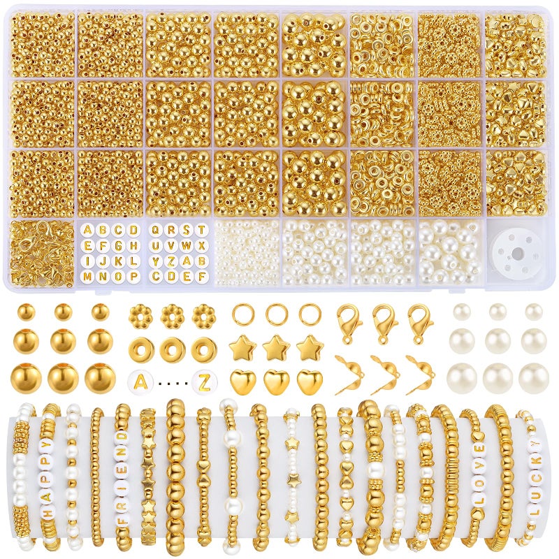 Funtopia Spacer Beads for Jewelry Making, 2500Pcs Gold Round Beads for Bracelets, 4mm 6mm 8mm Spacer Loose Ball Bead Star Pearls Letter Bead for DIY Bracelet Jewelry Making Craft - Image 1
