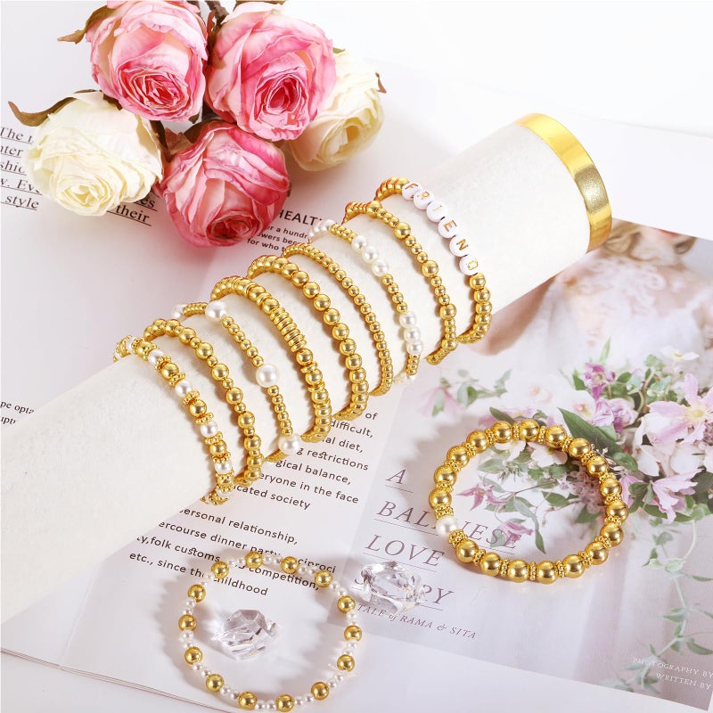 Funtopia Spacer Beads for Jewelry Making, 2500Pcs Gold Round Beads for Bracelets, 4mm 6mm 8mm Spacer Loose Ball Bead Star Pearls Letter Bead for DIY Bracelet Jewelry Making Craft - Image 5