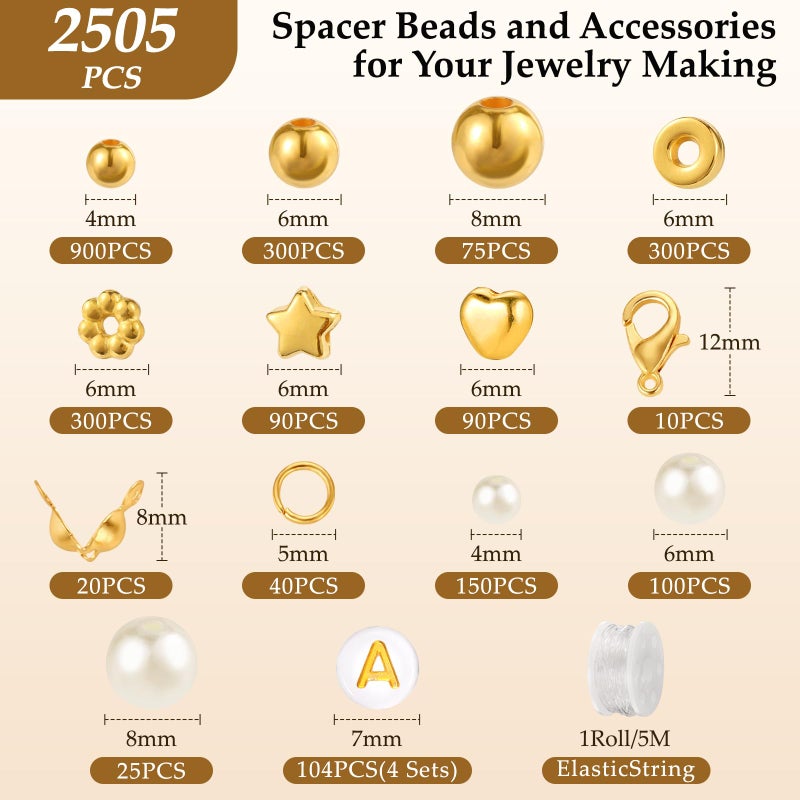 Funtopia Spacer Beads for Jewelry Making, 2500Pcs Gold Round Beads for Bracelets, 4mm 6mm 8mm Spacer Loose Ball Bead Star Pearls Letter Bead for DIY Bracelet Jewelry Making Craft - Image 4