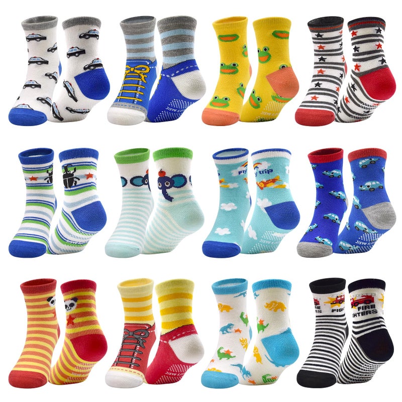 SkiBeaut SkiBeaut Toddler Boys Socks with Grips Kids Non Slip Grippers 12 Pairs Lovely Assorted Cartoon Toddlers Anti Skid Slipper Baby Boy Girl Socks for 1236 Months 13 Years Old 