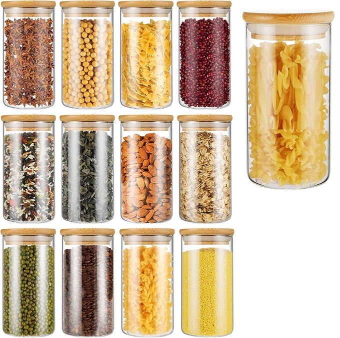 GLASS JARS WITH BAMBOO LIDS JARS WITH BAMBOO LIDS10OZ 300ML GLASS STORAGE JARSGLASS CANISTERS WITH WOOD AIRTIGHT LIDSGLASS STORAGE CONTAINERS FOR FOODBEANSCANDYSPICE SET OF 12