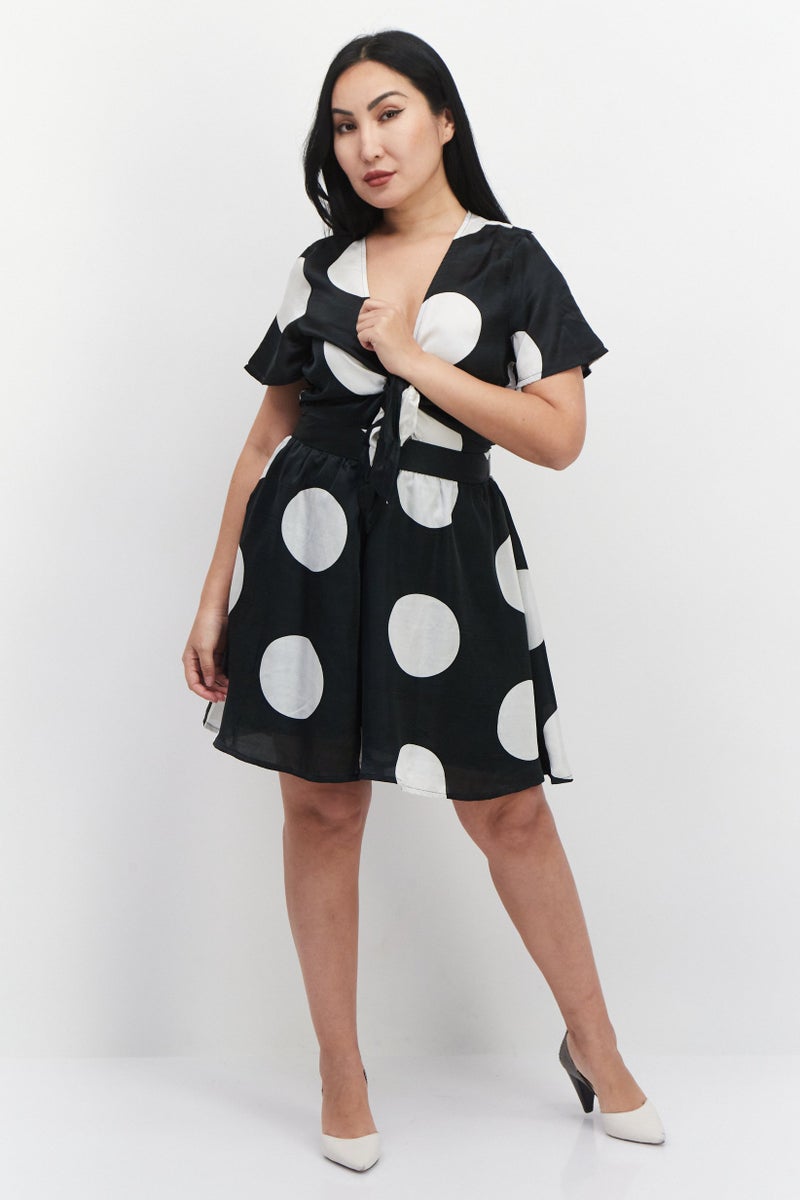 VERO MODA بدلة نسائية بأكمام قصيرة بنقاط بولكا، سوداء - Image 4