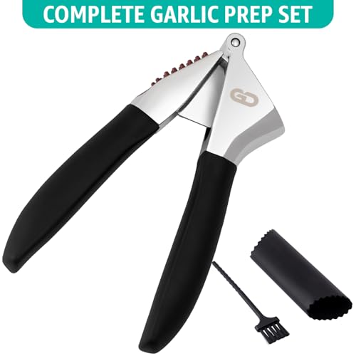 Global Digitronix Garlic Press Set – Heavy Duty Rust-Resistant Garlic Crusher & Mincer with Ergonomic Handles, Easy Squeeze Manual Garlic Press, Cleaning Brush & Silicone Peeler, Large Chamber Kitchen Tool - Image 2