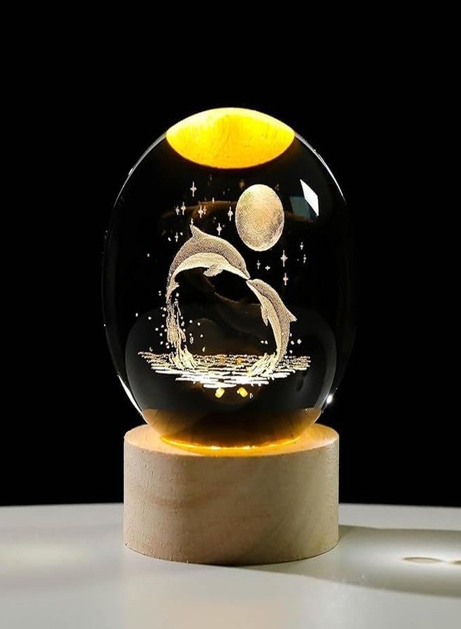 KETOVED 3D Galaxy Crystal Ball Night Lamp,Solar System, USB Table Colorful LED Wooden Crystal Ball for Home Decoration Birthday Gift for Teens Boys and Girls (Dolphin with Moon) - Image 1