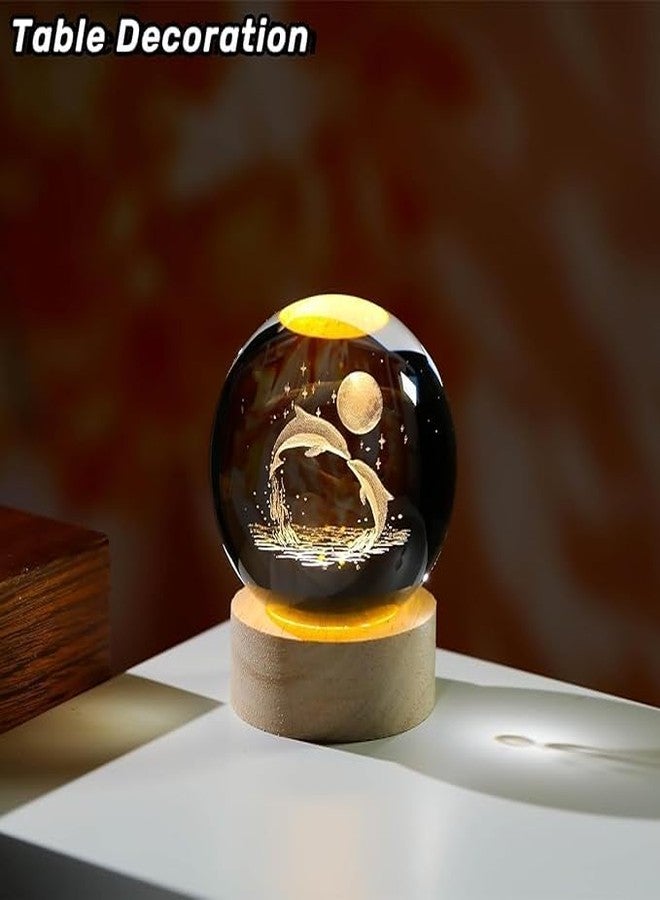 KETOVED 3D Galaxy Crystal Ball Night Lamp,Solar System, USB Table Colorful LED Wooden Crystal Ball for Home Decoration Birthday Gift for Teens Boys and Girls (Dolphin with Moon) - Image 3