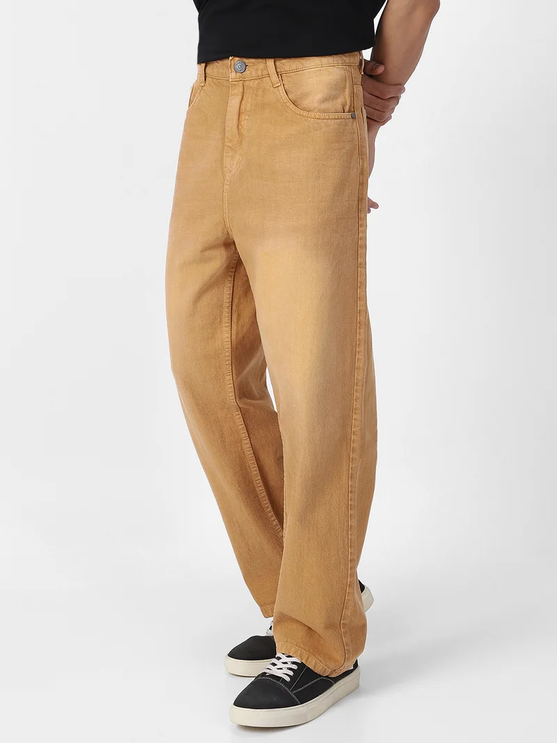 Urbano Fashion Men's Khaki Loose Baggy Fit Washed Jeans Non-Stretchable