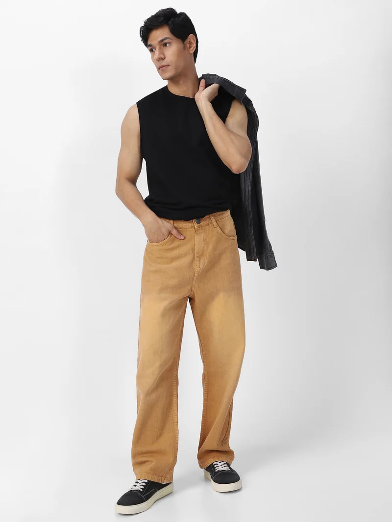 Urbano Fashion  Urbano Fashion Men's Khaki Loose Baggy Fit Washed Jeans Non-Stretchable  | Best Price UAE