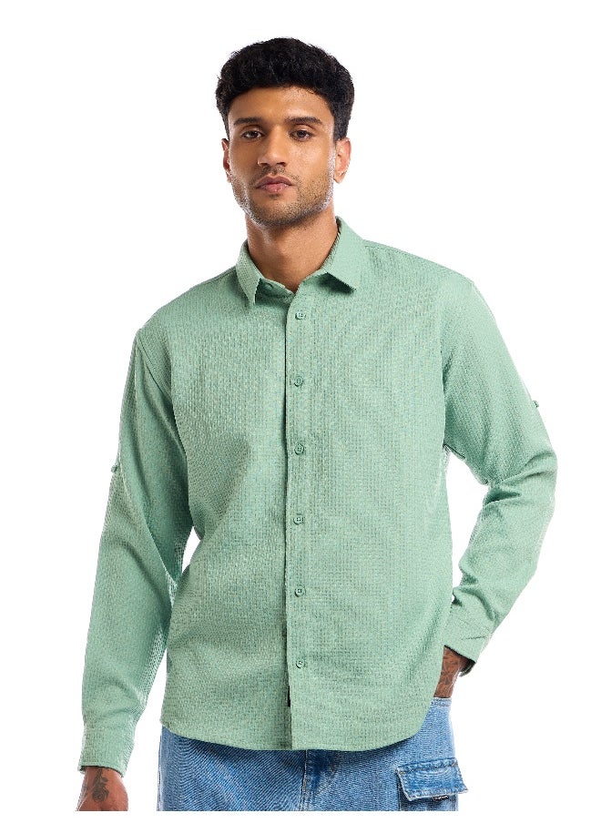 Beyoung - Pista Green Full Sleeve Waffle Shirt For Men - Image 1
