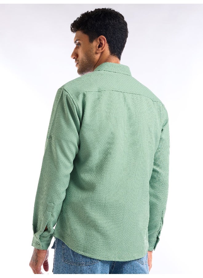 Beyoung - Pista Green Full Sleeve Waffle Shirt For Men - Image 1