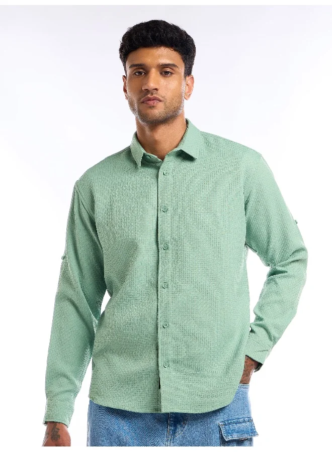Beyoung Pista Green Full Sleeve Waffle Shirt For Men
