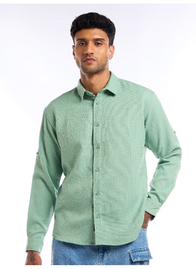 Beyoung - Pista Green Full Sleeve Waffle Shirt For Men - Image 1