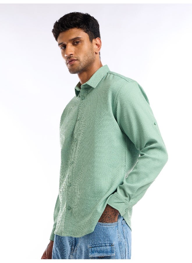 Beyoung - Pista Green Full Sleeve Waffle Shirt For Men - Image 1
