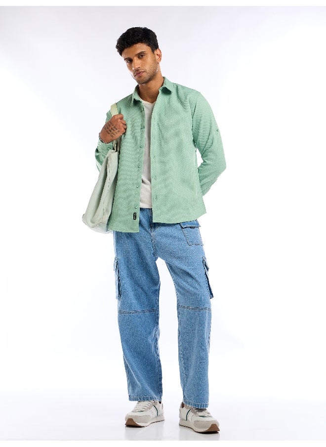 Beyoung - Pista Green Full Sleeve Waffle Shirt For Men - Image 1