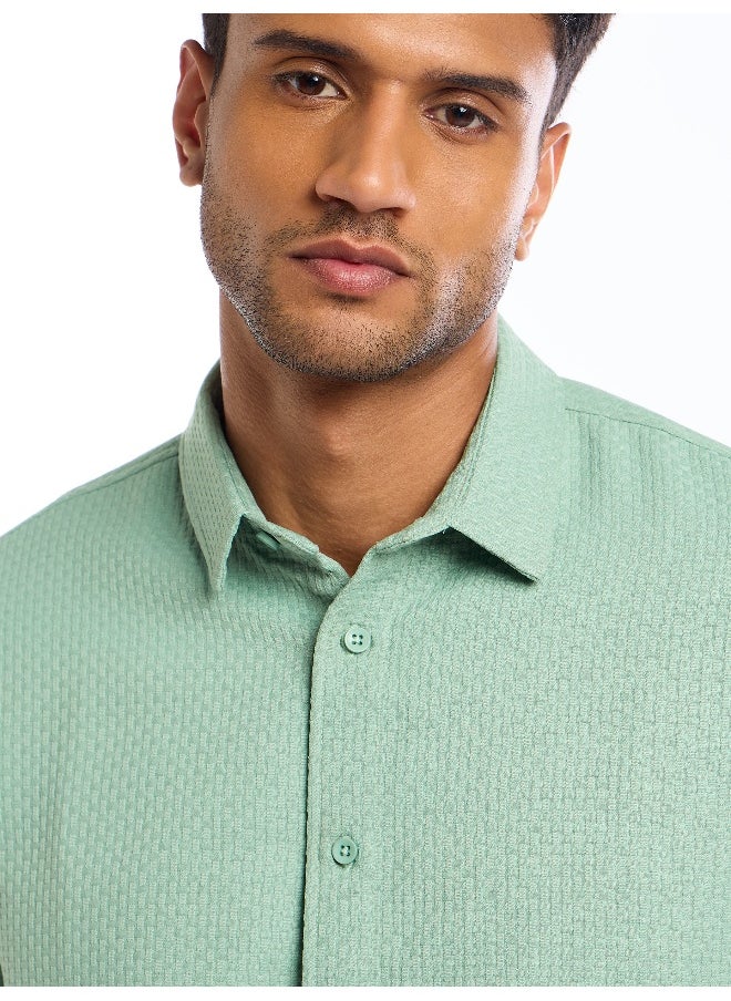 Beyoung - Pista Green Full Sleeve Waffle Shirt For Men - Image 1