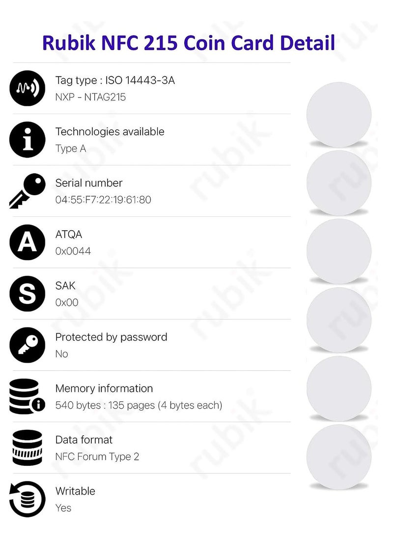 Rubik - NFC 215 Cards, NTAG215 Rewritable NFC Coin Card Tag Compatible with Tagmo Amiibo and NFC Enabled Mobile Phones and Devices (Round Ntag 215 - 20 Cards) - Image 1