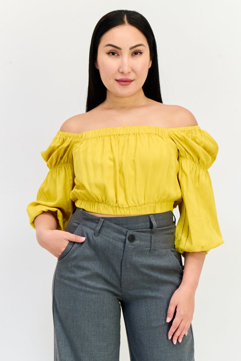 ONLY Women Square Neck 3/4 Sleeve Solid Blouse, Yellow - Image 1
