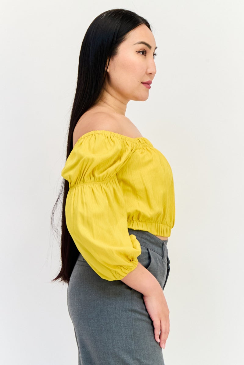 ONLY Women Square Neck 3/4 Sleeve Solid Blouse, Yellow - Image 2