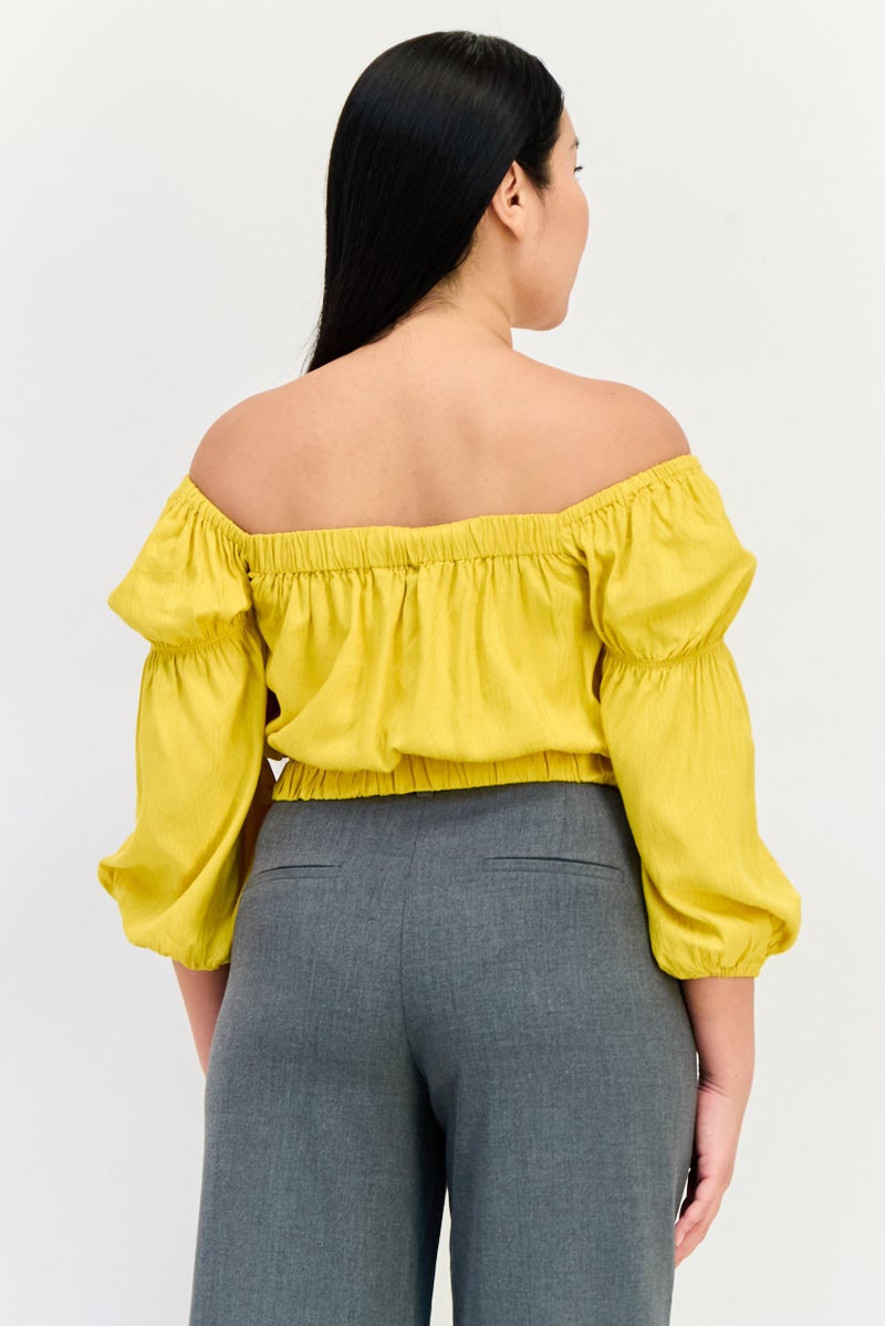 ONLY Women Square Neck 3/4 Sleeve Solid Blouse, Yellow - Image 3