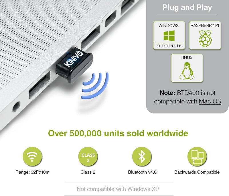 Kinivo USB Bluetooth Adapter for PC BTD400 (Bluetooth 4.0 Dongle Receiver, Low Energy) - Compatible with Windows 11/10/8.1/8, Raspberry Pi, Linux, Laptop & Headphones - Image 3
