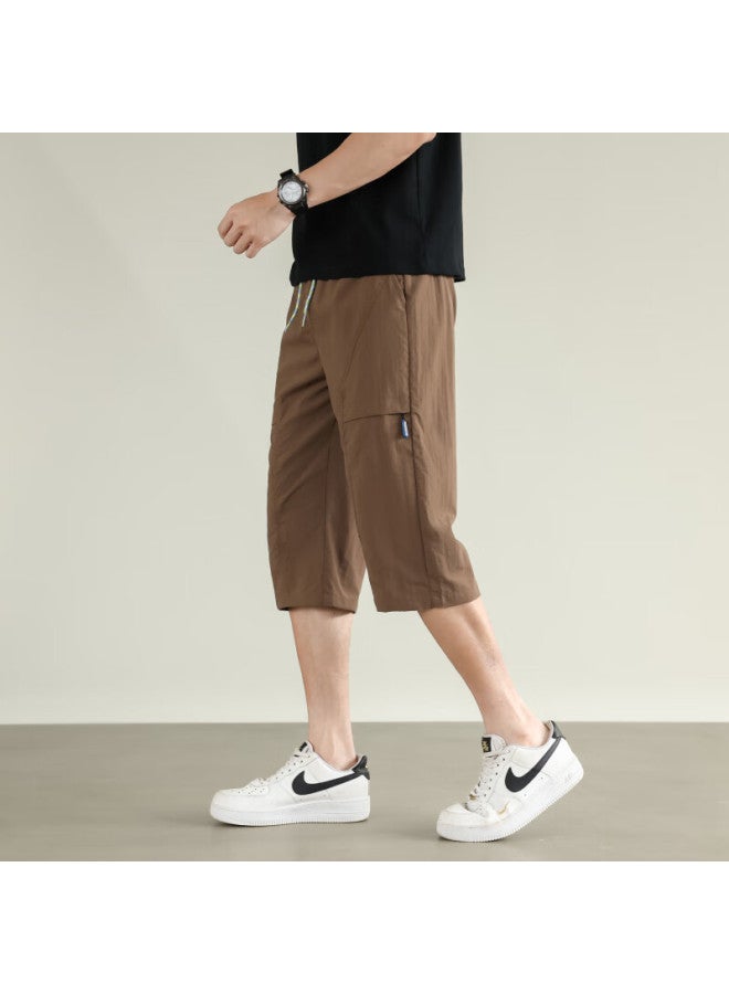 Poum Men's Ice Silk Seven-point Pants Summer Fashion Casual American Sports Quick-drying Shorts 0003 Khaki 3XL - Image 2