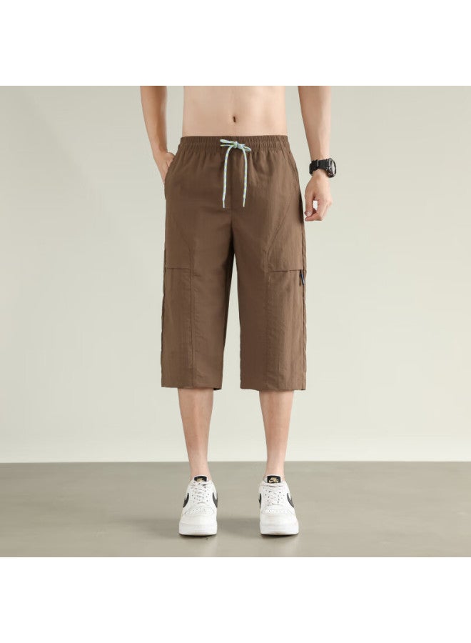 Poum Men's Ice Silk Seven-point Pants Summer Fashion Casual American Sports Quick-drying Shorts 0003 Khaki 3XL - Image 1