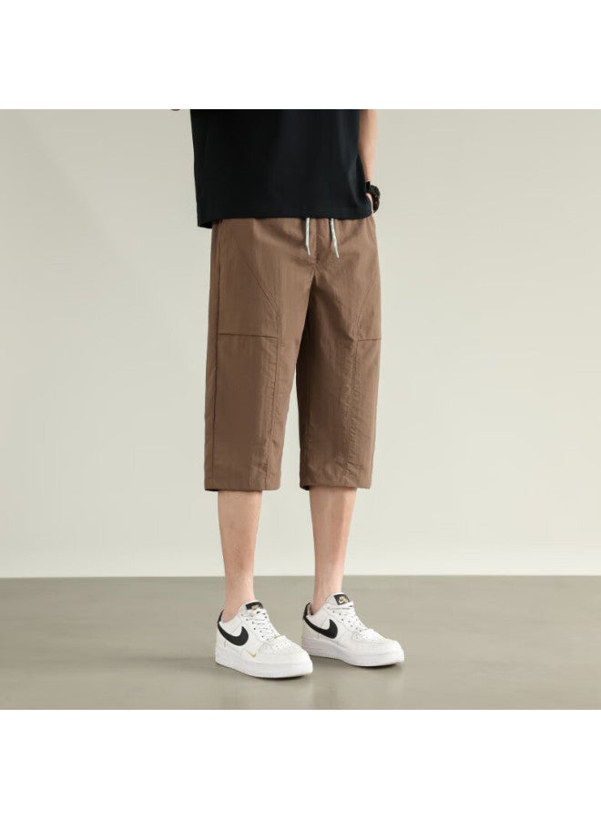Poum Men's Ice Silk Seven-point Pants Summer Fashion Casual American Sports Quick-drying Shorts 0003 Khaki 3XL - Image 3