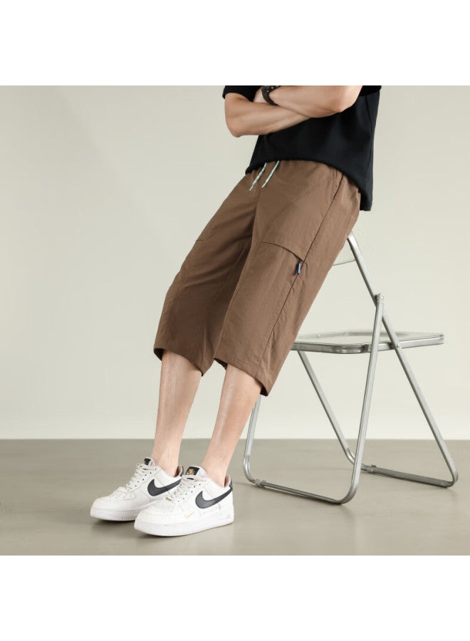 Poum Men's Ice Silk Seven-point Pants Summer Fashion Casual American Sports Quick-drying Shorts 0003 Khaki 3XL - Image 4