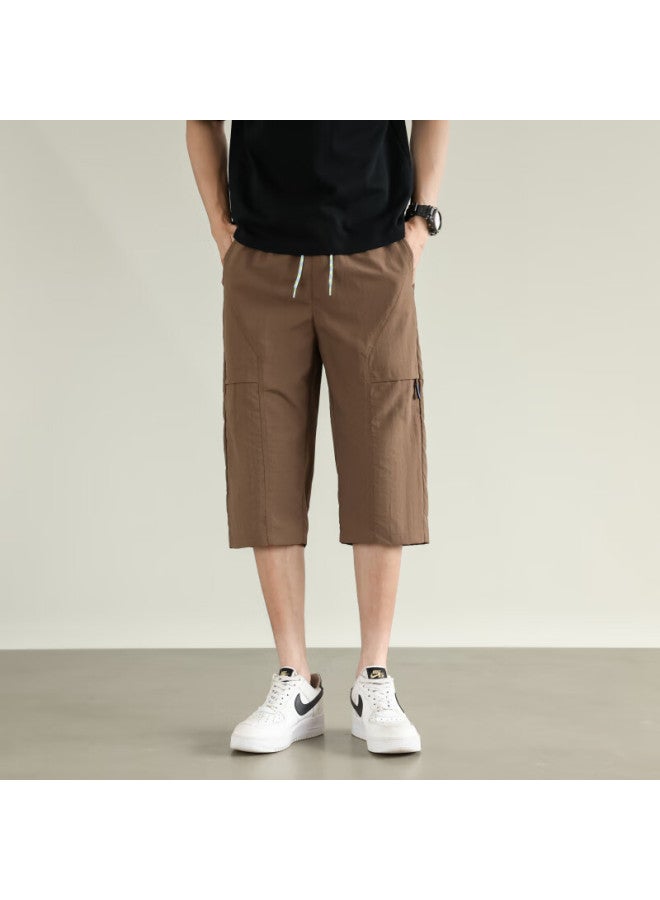 Poum Men's Ice Silk Seven-point Pants Summer Fashion Casual American Sports Quick-drying Shorts 0003 Khaki 3XL - Image 5