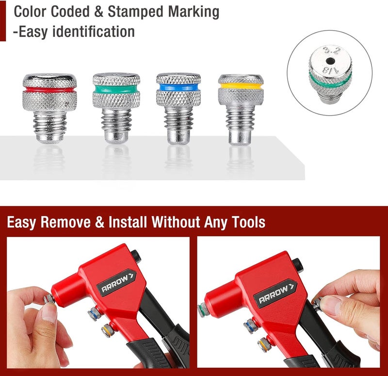 Arrow Fastener Arrow Hand Riveter Kit, RT187M Professional Pop Rivet Gun with 3/32", 1/8", 5/32", 3/16" 100 Pieces Rivets (Each 25 Pieces), Great for Metal, Gutter and Automotive Work - Image 4