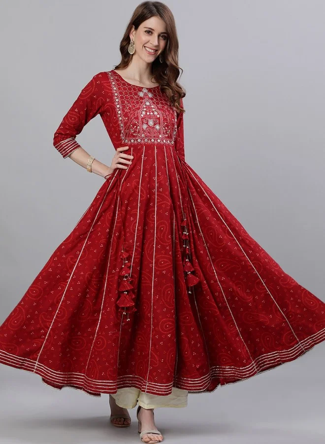 آي شين Women's Maroon 100% Cotton Self Design A-Line Kurta
