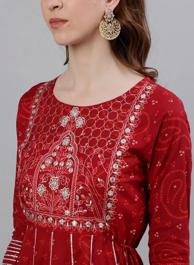 آي شين Women's Maroon 100% Cotton Self Design A-Line Kurta