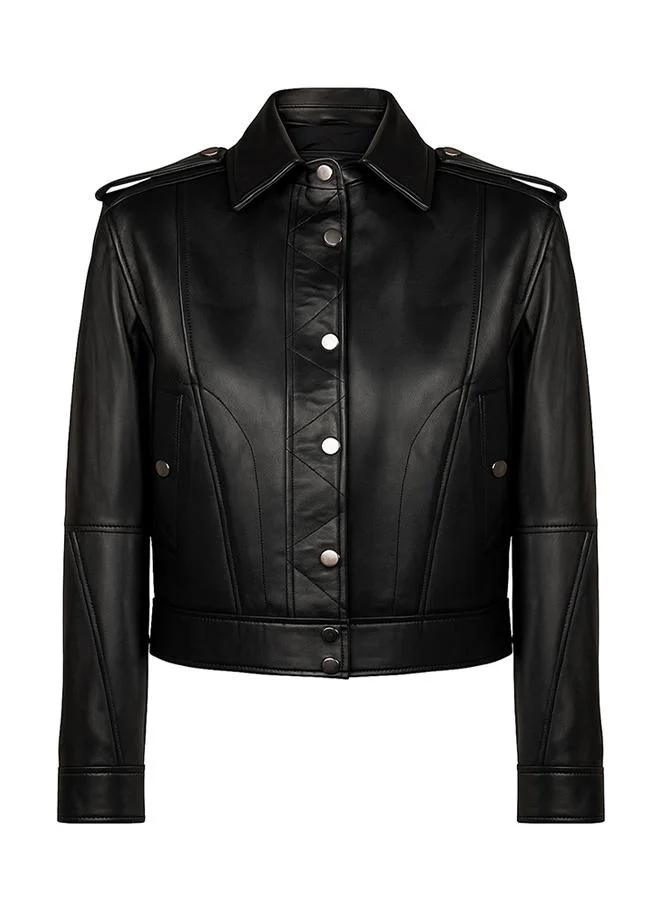 FELIX HARDY Genuine Leather Black Crop Biker Jacket