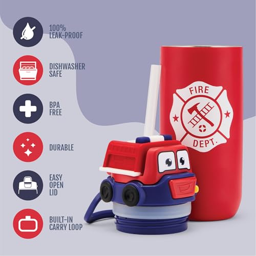 Ello Ellies 12oz Vacuum Insulated Stainless Steel Kids Water Bottle with Straw and Builtin Carrying Handle and LeakProof Locking Lid for School Backpack Lunchbox and Outdoor Sports Firetruck - Image 3