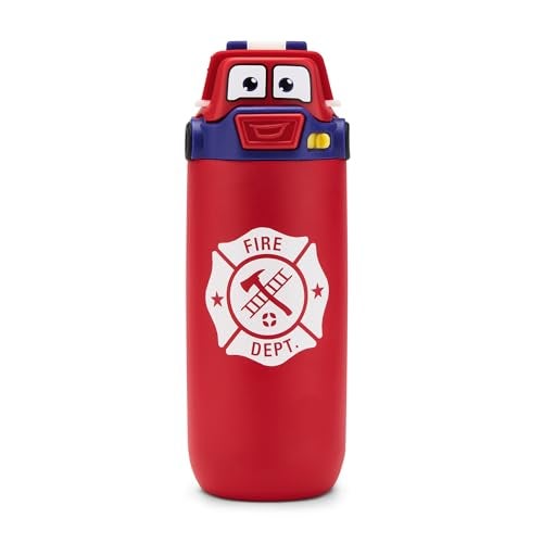 Ello Ellies 12oz Vacuum Insulated Stainless Steel Kids Water Bottle with Straw and Builtin Carrying Handle and LeakProof Locking Lid for School Backpack Lunchbox and Outdoor Sports Firetruck - Image 1