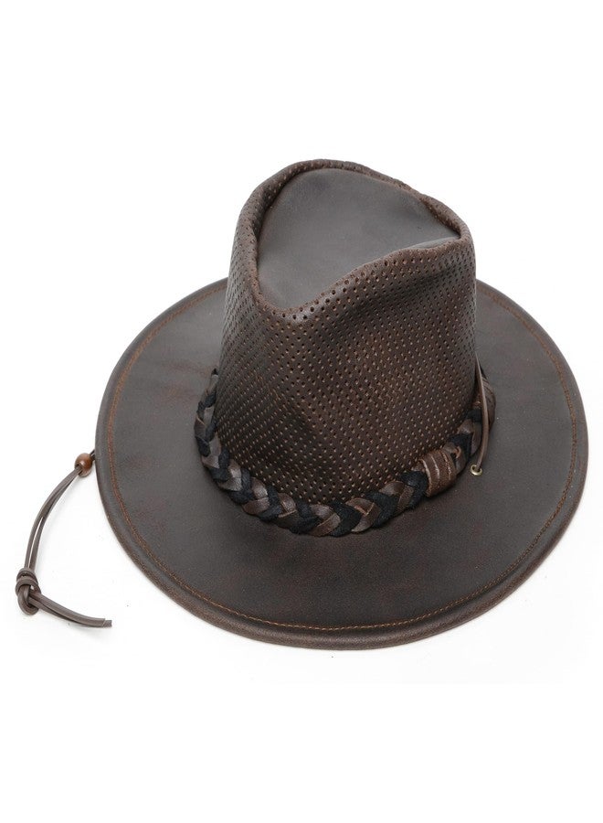 Minnetonka Fold-Up Outback Hat -Leather Brim Hat Made with Genuine Leather, Adjustable Chin Strap, and Fold-Up Design, Dark Brown, L