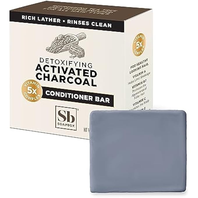 Soapbox HAIR CONDITIONER BAR WITH ACTIVATED CHARCOAL TO DETOX & REFRESH DRY, DAMAGED HAIR - 2OZ SOLID CONDITIONER, LOW PLASTIC, VEGAN, SULFATE & PARABEN FREE - Image 1