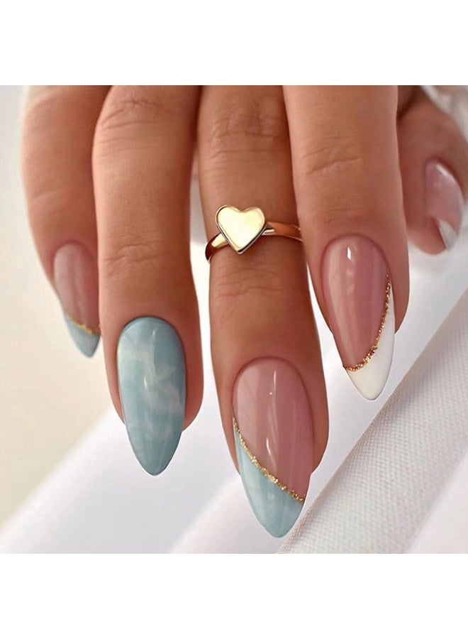 Goolsky أظافر لوزية فاخرة قابلة للتثبيت بتصميم رخام أزرق سماوي وخطوط ذهبية لأناقة منعشة - Image 1