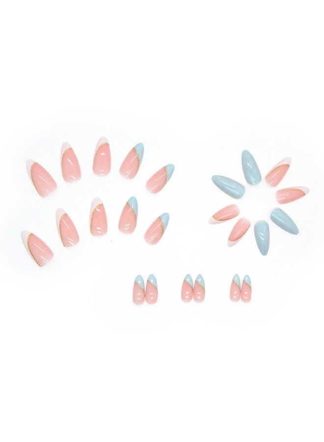 Goolsky أظافر لوزية فاخرة قابلة للتثبيت بتصميم رخام أزرق سماوي وخطوط ذهبية لأناقة منعشة - Image 4