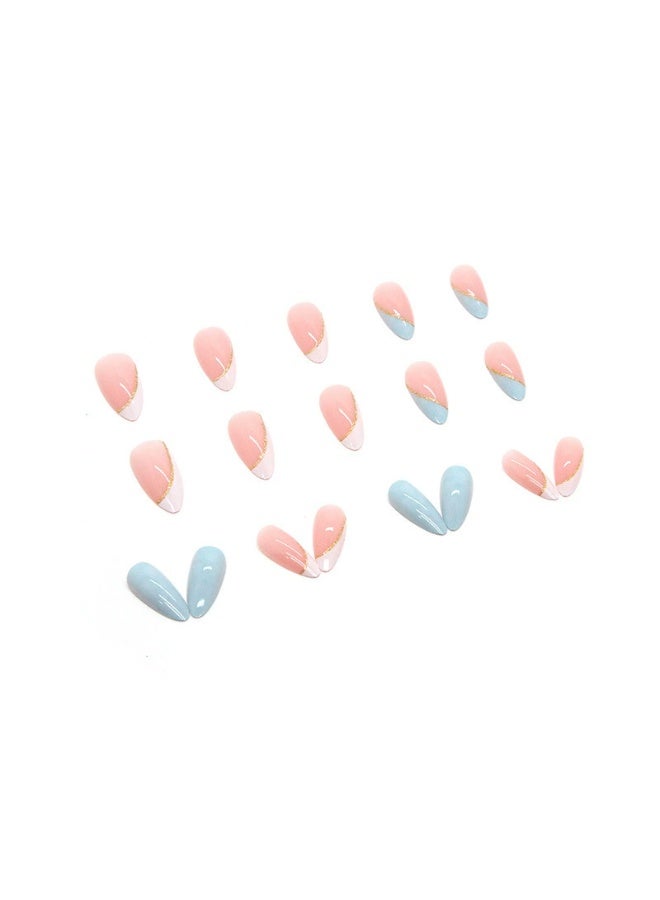 Goolsky أظافر لوزية فاخرة قابلة للتثبيت بتصميم رخام أزرق سماوي وخطوط ذهبية لأناقة منعشة - Image 2