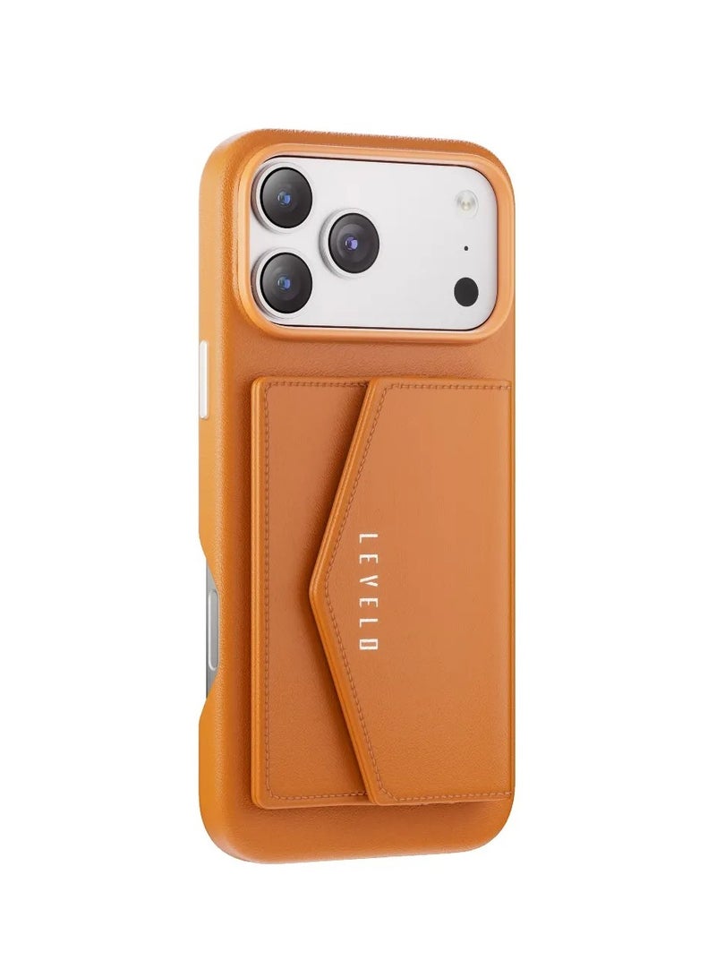 LEVELO iPhone 17 Pro Max Case MagSafe With Detachable Wallet Vertex PU Leather / Raised Bezels For Camera & Screen / Shock-Resistant-Bumper / Full-Wrap Leather Build Back Cover - Orange - Image 4