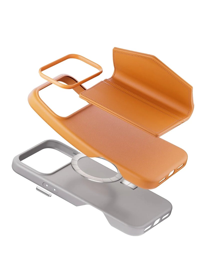 LEVELO iPhone 17 Pro Max Case MagSafe With Detachable Wallet Vertex PU Leather / Raised Bezels For Camera & Screen / Shock-Resistant-Bumper / Full-Wrap Leather Build Back Cover - Orange - Image 2