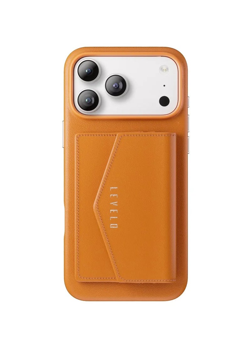 LEVELO iPhone 17 Pro Max Case MagSafe With Detachable Wallet Vertex PU Leather / Raised Bezels For Camera & Screen / Shock-Resistant-Bumper / Full-Wrap Leather Build Back Cover - Orange - Image 1