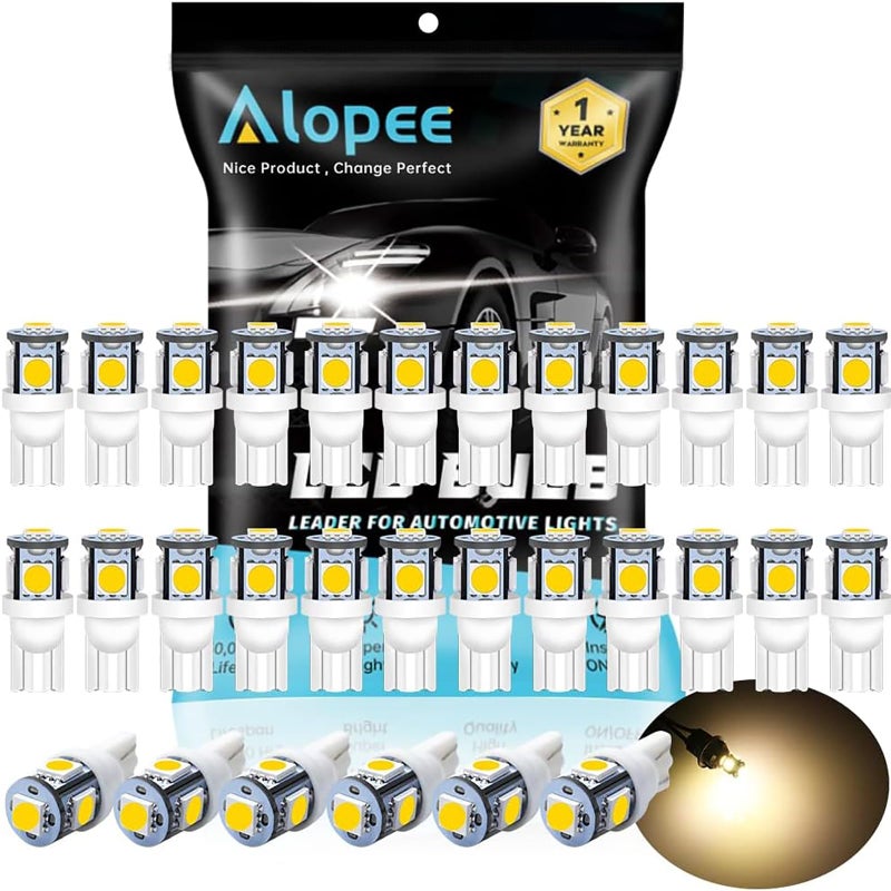 Alopee 30 Pack 194 LED Bulb Warm White 3000K T10 Wedge LED Bulb 5SMD 5050 Chips 168 LED Bulb 921 2825 LED Bulb 158 501 W5W Bulb LED Interior Car Lights Dome Map Door Trunk Light DC 12V