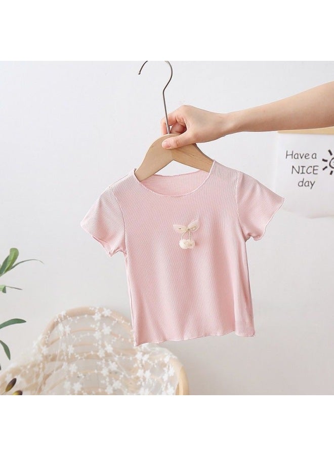 New Summer Girls Versatile Short-sleeved Sweet Macaron Summer Ice Silk Thin Tops For Small And Medium-sized Children