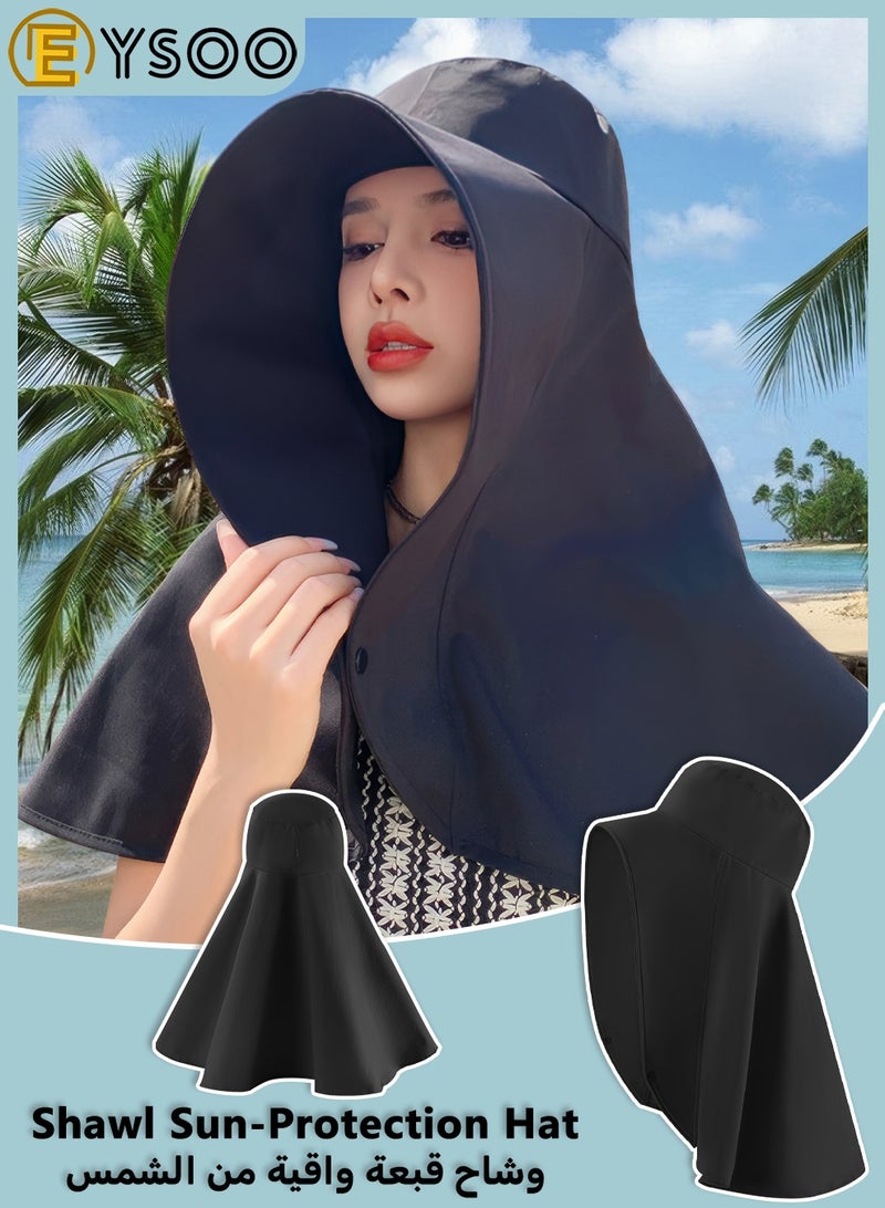 EYSOO UPF50+ Foldable Sun Hat with Face & Neck Cover, One-piece Design UV Protection Cap, Wide Brim Beach & Fishing Hat for Travel Outdoors Daily Commute (Black) - Image 1