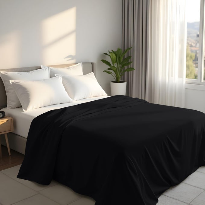FLAT SHEET KING SIZE UK EASY CARE SOFT BRUSHED POLYESTER MICROFIBER FABRIC WRINKLE SHRINKAGE AND FADE RESISTANT BLACK
