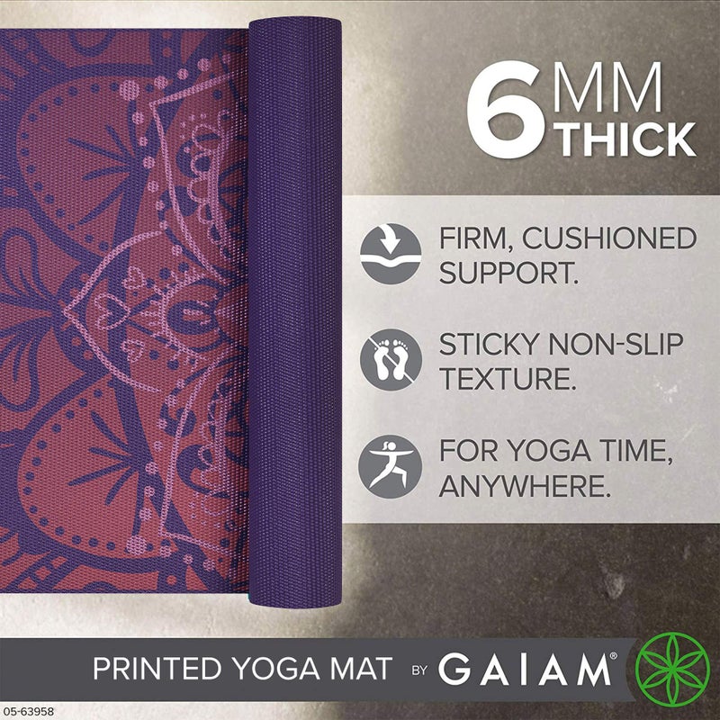 Gaiam حصيرة يوغا غايام - طباعة المحاذاة بسمك 6 مم غير قابلة للانزلاق لممارسة التمارين واللياقة البدنية لجميع أنواع اليوغا، بيلاتس وتمارين الأرض (68" × 24" × 6 مم سمك)، حبر - Image 3