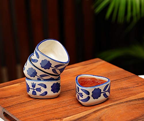 Freakway Handpainted Floral Studio Pottery Ceramic Chutney Bowl Set (40 ML, Small, Set of 4, Blackand Off White) - Image 1