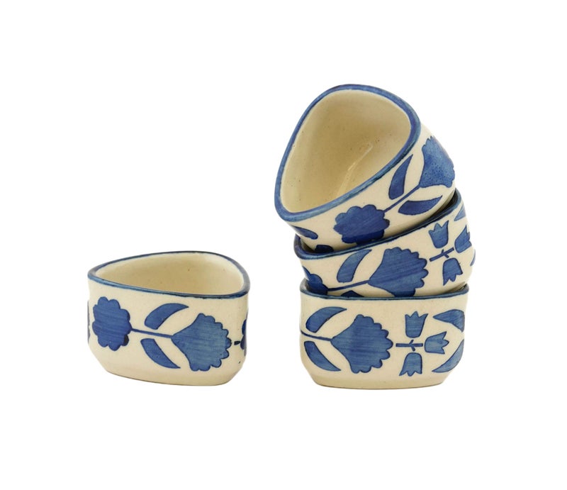 Freakway Handpainted Floral Studio Pottery Ceramic Chutney Bowl Set (40 ML, Small, Set of 4, Blackand Off White) - Image 2